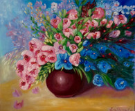 De color rosa y las flores azules