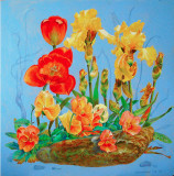 Still life with irises, tulips, and pansies