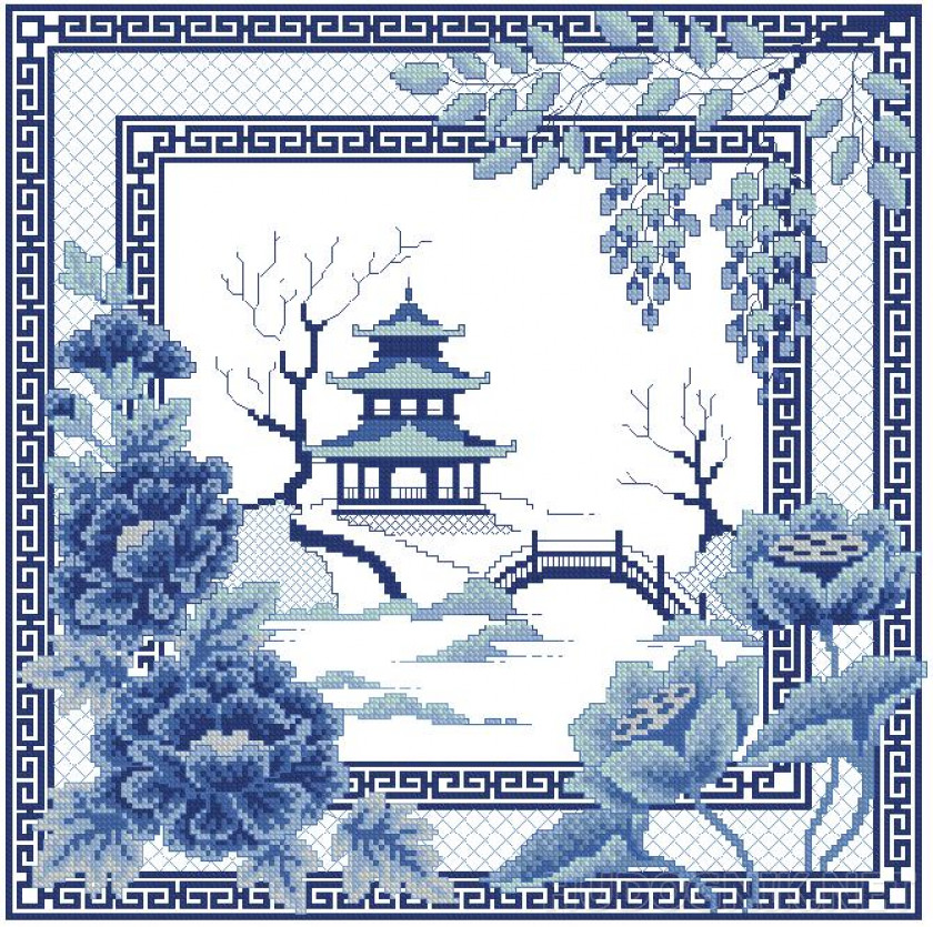 Китайская пагода. вышивка под гжель на подушке