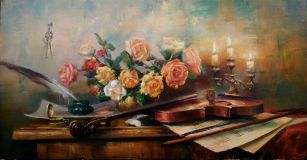 Натюрморт с розами и скрипкой на столе