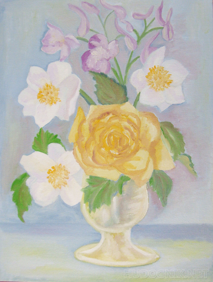 Still life with yellow roses and anemones