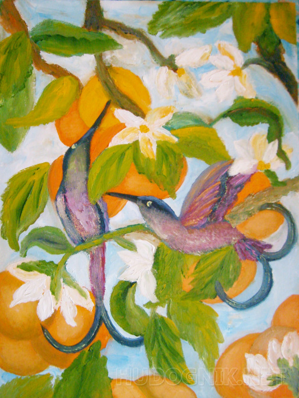 Картина Апельсиновое дерево и райские птицы. Размеры: 30x40, Год: 2017 ...