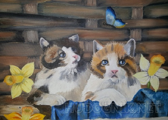 Картина Котики в корзинке. Размеры: 40x30, Год: 2016, Цена: 2500 рублей ...