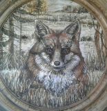 Painting on birch bark of a Fox.