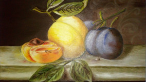 Still life with peaches and prunes