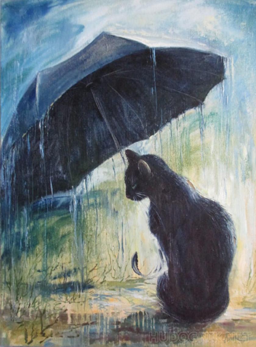 Pintura Gato bajo el paraguas.. 50x60, Año: 2016, Precio: 281 euro Maestro del arte Golikova Tatyana