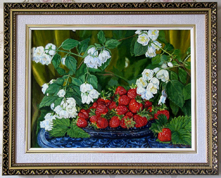 Pintura Jazmín blanco y rojo brillante fresas.. Tamaño: 40x30, Año: 2017,  Precio: 113 euro Maestro del arte SHevnina Liliya