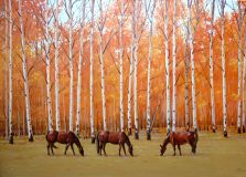 Paisaje de otoño con caballos