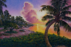 La puesta de sol y palmeras