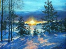 puesta de sol en el bosque de invierno
