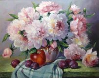 Peonies and plums on the table