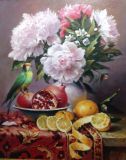still life with peonies and budgerigars