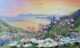 Flores en las laderas y Tranquila de la Bahía de Dvuyakornaya