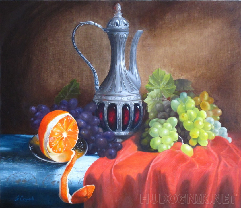 Still life with a jug, oranges and grapes