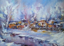 &quot;Winter village at the river&quot;