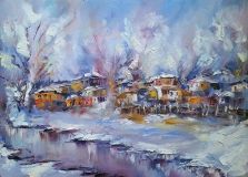 "Winter village at the river"