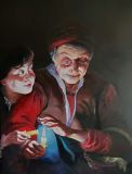 Old woman and boy with candles