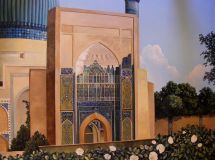 Paneles con el mausoleo de Gur-emir en la sala de descanso, en una casa privada