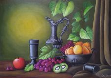 Still life with silver pitcher, grapes and kiwi.