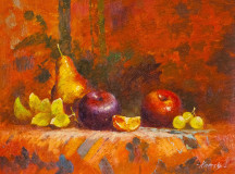 The fruit on the table. In orange tones