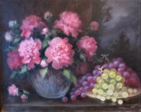 Still life with peonies and grapes