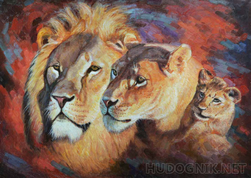 Pintura Familia de leones. Tamaño: 70x50, Año: 2021, Precio: 1547 euro  Maestro del arte Razjivin Igor