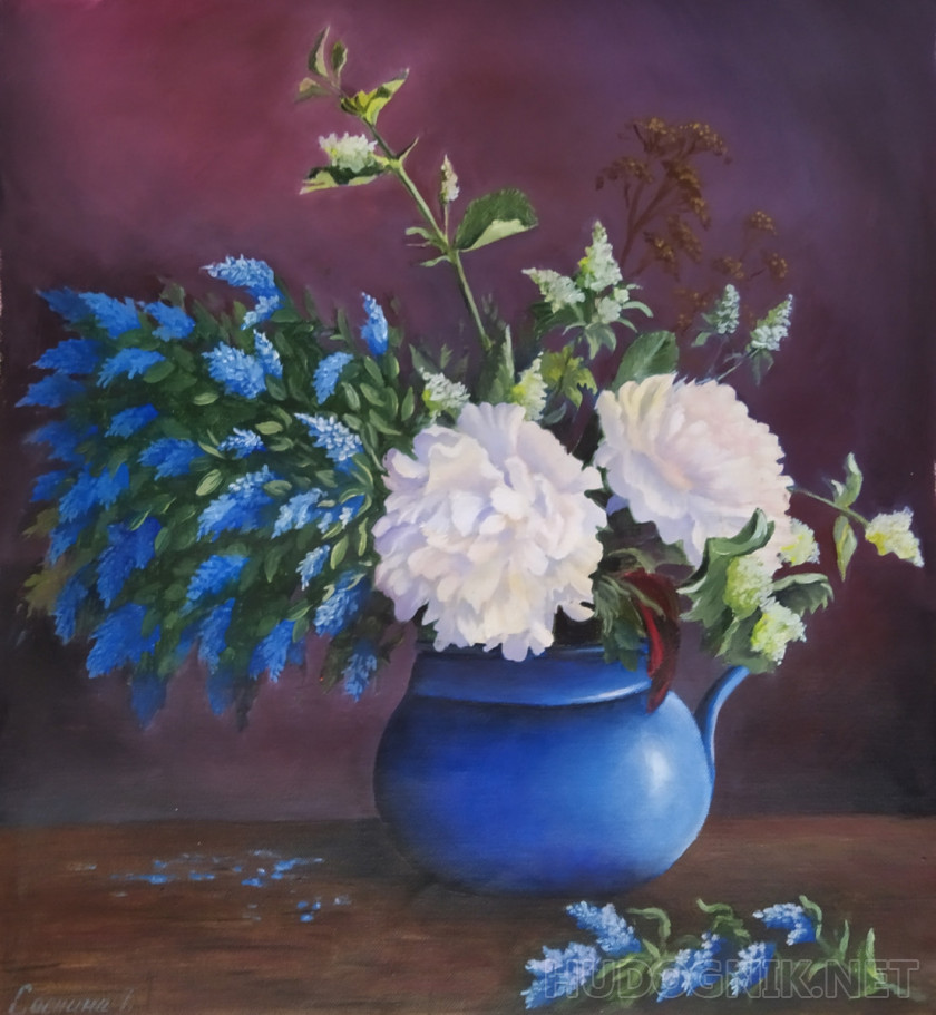 Pintura peonías en un jarrón azul. Tamaño: 42x47, Año: 2020, Precio: 137  euro Maestro del arte Sosnina Tatyana