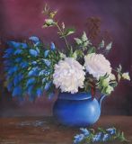 peonies in a blue vase