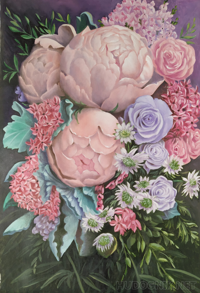 Pintura Arreglo floral en tonos rosados.. Tamaño: 40x60, Año: 2021, Precio:  161 euro Maestro del arte Sosnina Tatyana