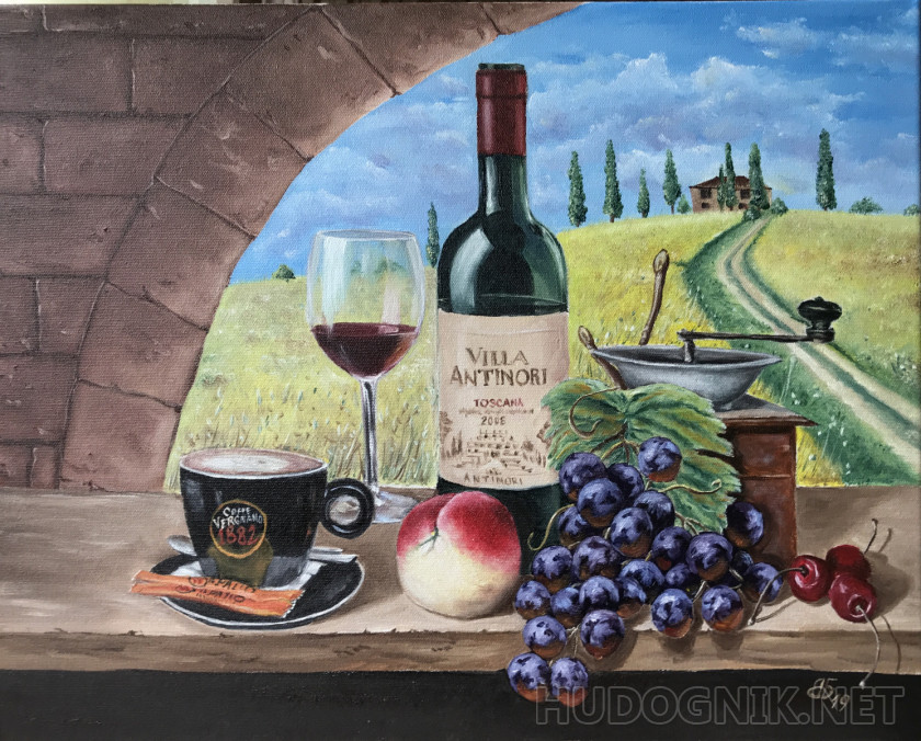 Натюрморт фрукты и бутылка вина