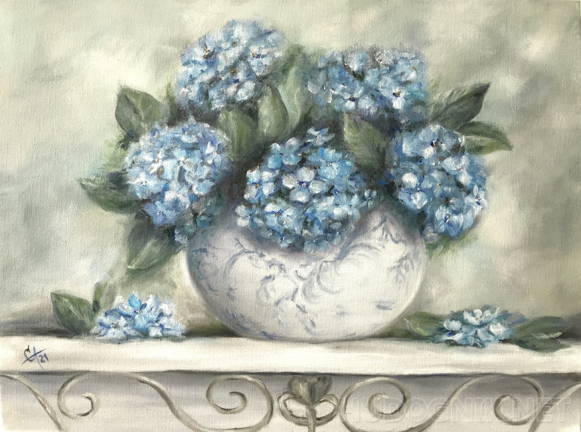 Pintura Hortensias azules en un jarrón. Tamaño: 40x30, Año: 2021, Precio:  114 euro Maestro del arte Arkhipova Svetlana