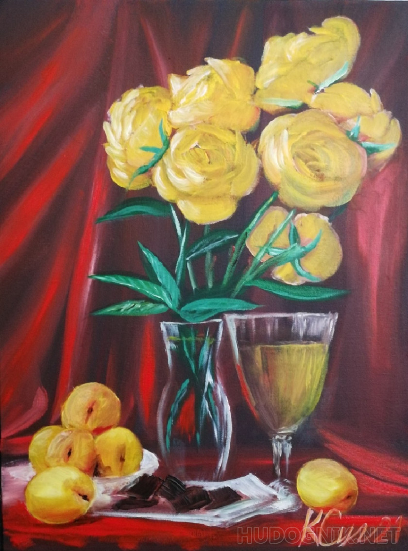 Pintura Rosas amarillas y albaricoque. Tamaño: 30x40, Año: 2021, Precio: 48  euro Maestro del arte Suglobov Konstantin