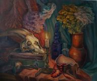 still life with goat skull and candle