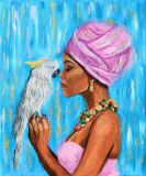Картина "Африканка с белым попугаем"