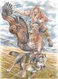 "The old hunter. Hunting with a golden eagle for a wolf"