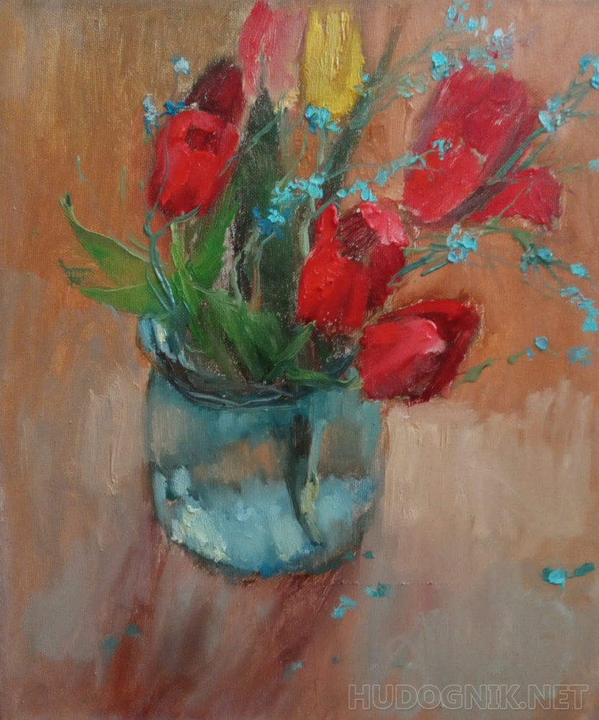 Pintura Tulipanes rojos. Tamaño: 29x34, Año: 2021, Precio: 93 euro Maestro  del arte Bolotskaya Lyudmila