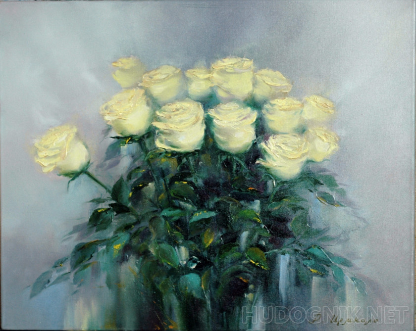 Pintura rosas blancas. Tamaño: 50x40, Año: 2021, Precio: 129 euro Maestro  del arte TSemkalo Rita