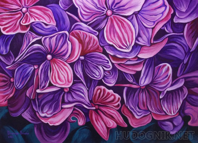 Pintura Hortensia rosa púrpura. Tamaño: 55x40, Año: 2022, Precio: 29 euro  Maestro del arte Kabyilina Darya