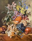 The stilllife with flowers and fruit