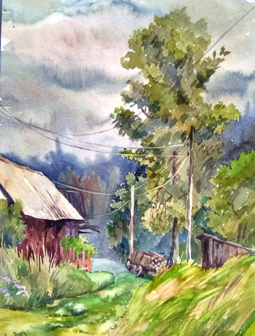 Rural landscape with watercolor "Alley