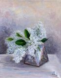Miniature still life with a bouquet of white lilac