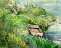 Watercolor landscape &quot;Boat on the pier&quot;