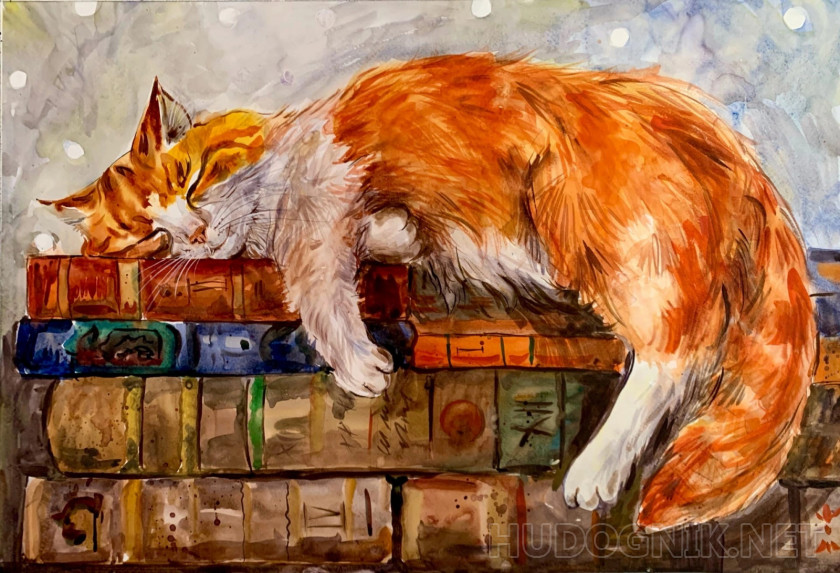 Кот ученый в цилиндре с книгой и мышами