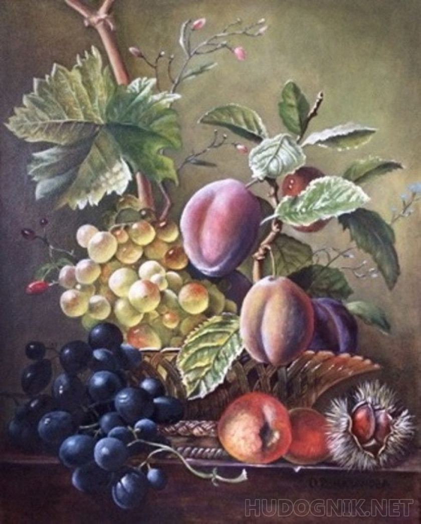 Still life with plums and chestnut