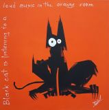 Black cat is listening to a loud music in the orange room