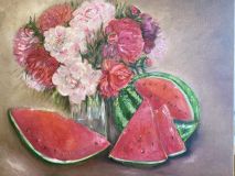 Still life with watermelon and flowers in a vase