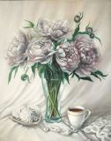 Still life with peonies, marshmallows and coffee