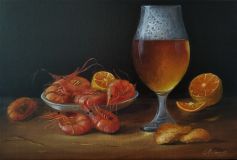 Still life with shrimp and beer