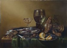 Still life with a silver vase, a Roemer glass and oysters
