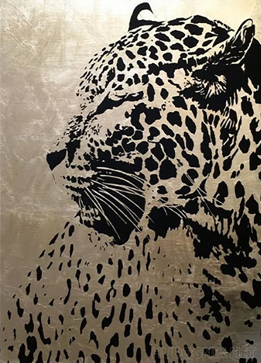 Штапель с рисунком Разноцветный леопард на темно-сером фоне